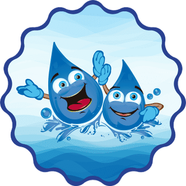 Two cartoon water drops with smiling faces are high fiving